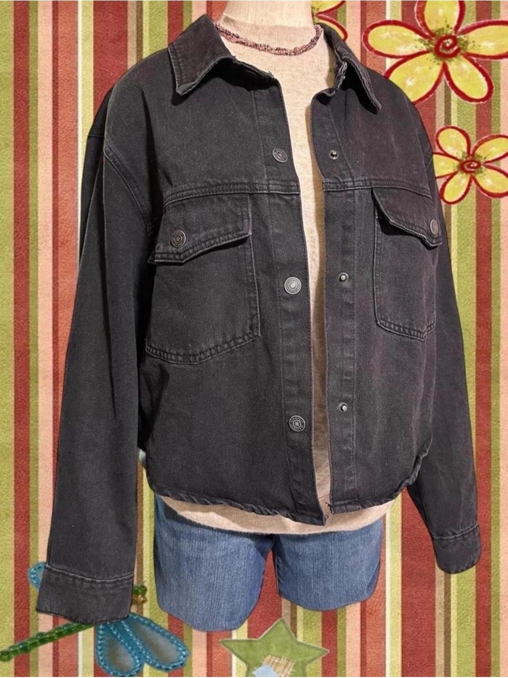 Vintage Style Grunge Black Washed Denim Jacket 100% Cotton